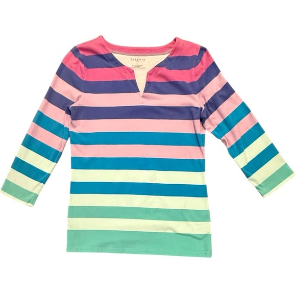 NWOT Talbots Women’s Striped Multicolor 3/4 Sleeve Split Neck Top Size Medium - Picture 1 of 8